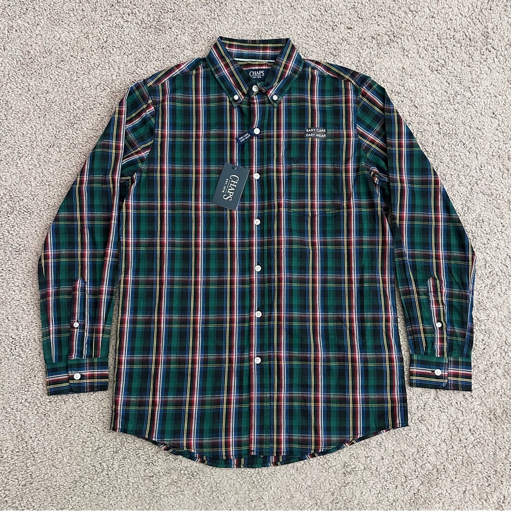 Chaps Green Red Blue Yellow Plaid Easy Care Button Down Shirt Mens S